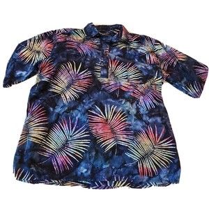 Pete Huntington Mens Medium‎ Short Sleeve Button Up Shirt Batik Hawaiian Leaves